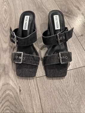 Steve Madden Black Double-Buckle Square Toe Mules